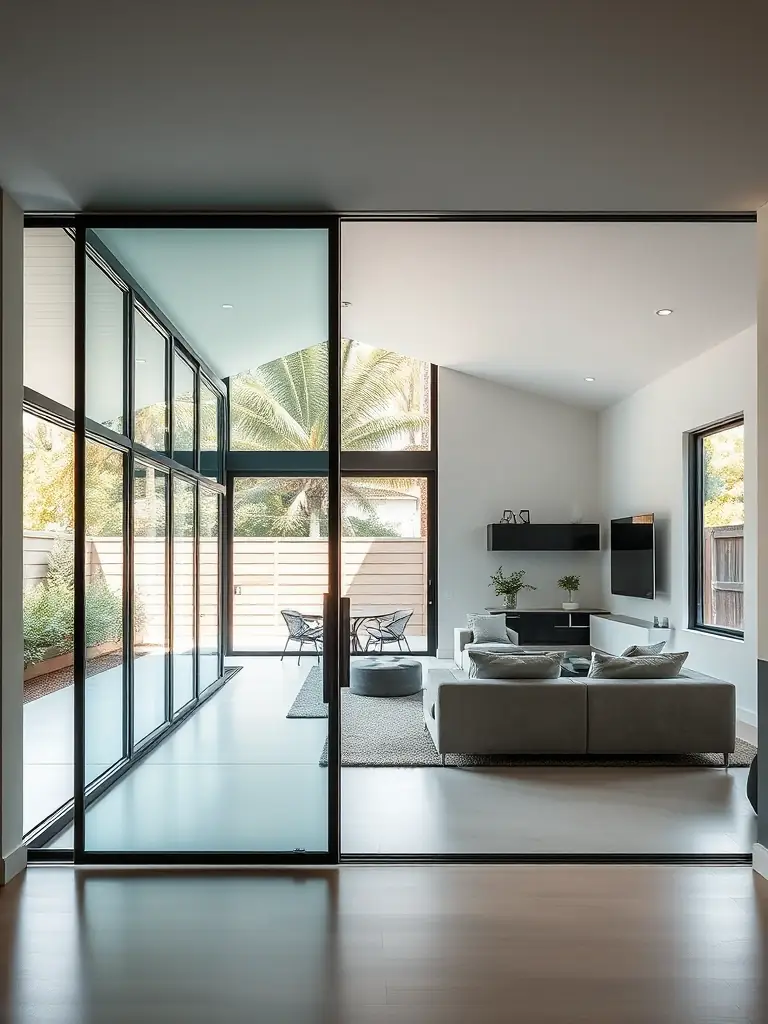 A wide shot of a Zimski Vrt glass system seamlessly connecting an indoor living space with an outdoor patio, highlighting the clarity and elegance of the glass.