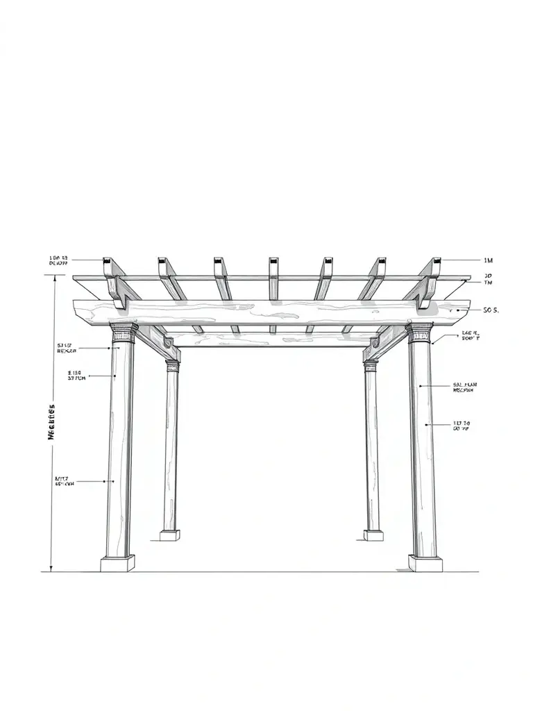 A detailed technical drawing illustrating the specifications of a Zimski Vrt pergola, including dimensions, materials, and structural details, emphasizing its engineering excellence.