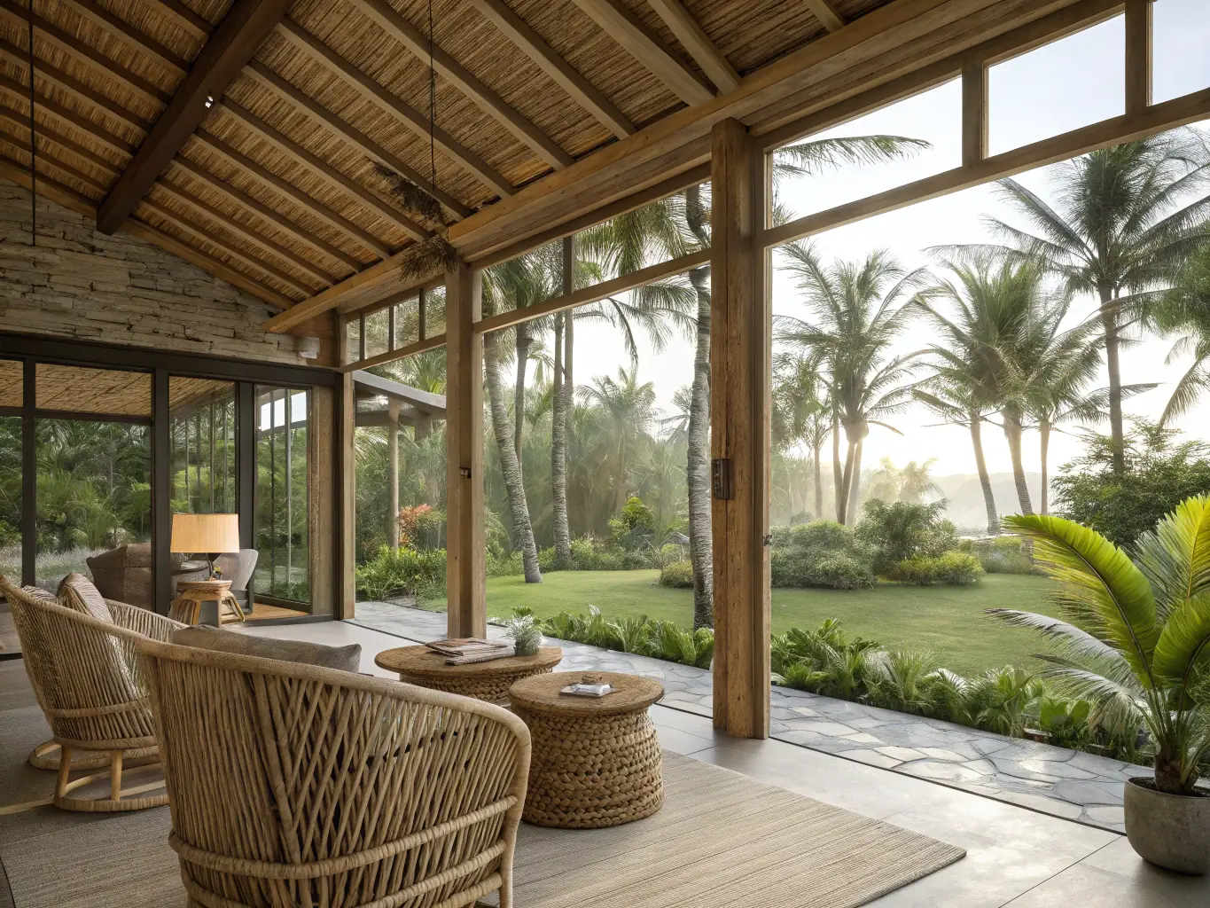 A luxurious winter garden featuring a glass enclosure with comfortable seating and lush greenery, showcasing a seamless blend of indoor and outdoor living.