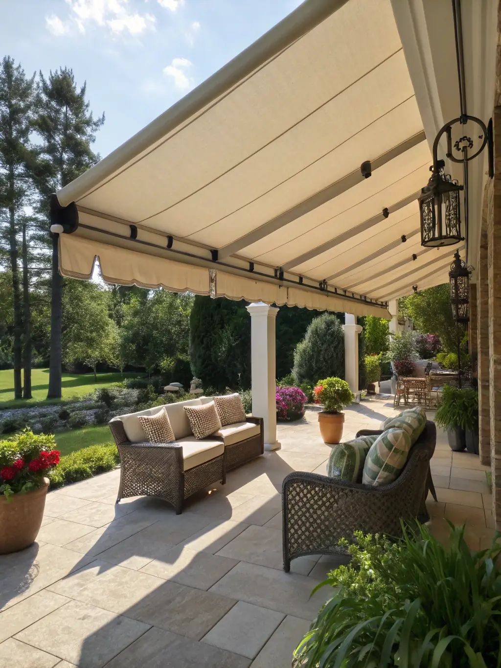 A retractable awning system extended over a patio area, providing shade and protection from the elements, with a focus on the awning's durable construction and elegant design.