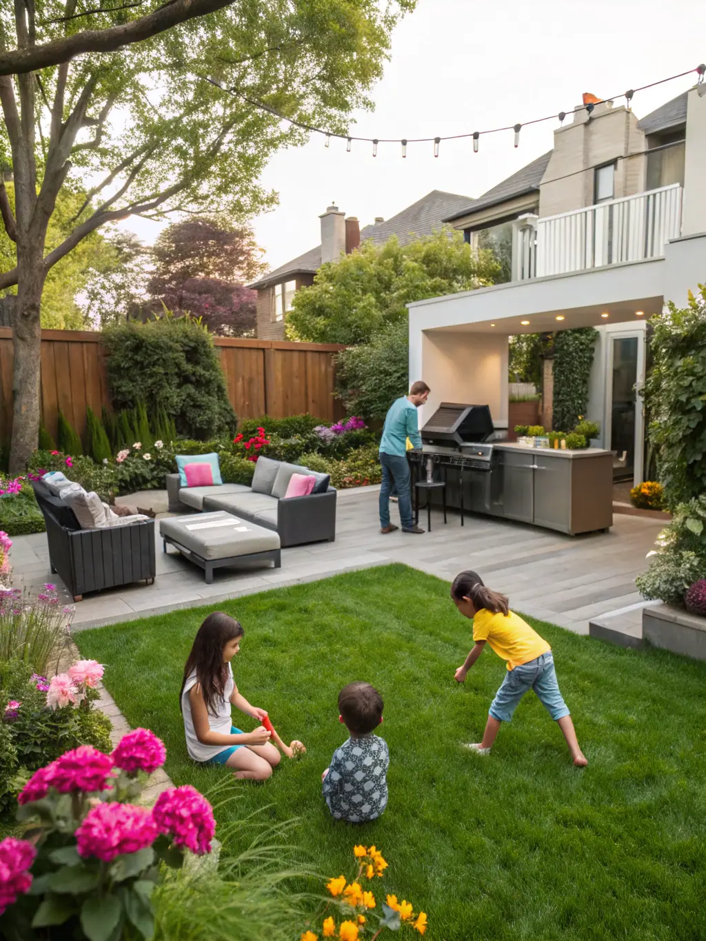 A lifestyle shot of people enjoying a Zimski Vrt pergola in a beautifully landscaped garden, emphasizing the comfort and elegance it brings to outdoor living.