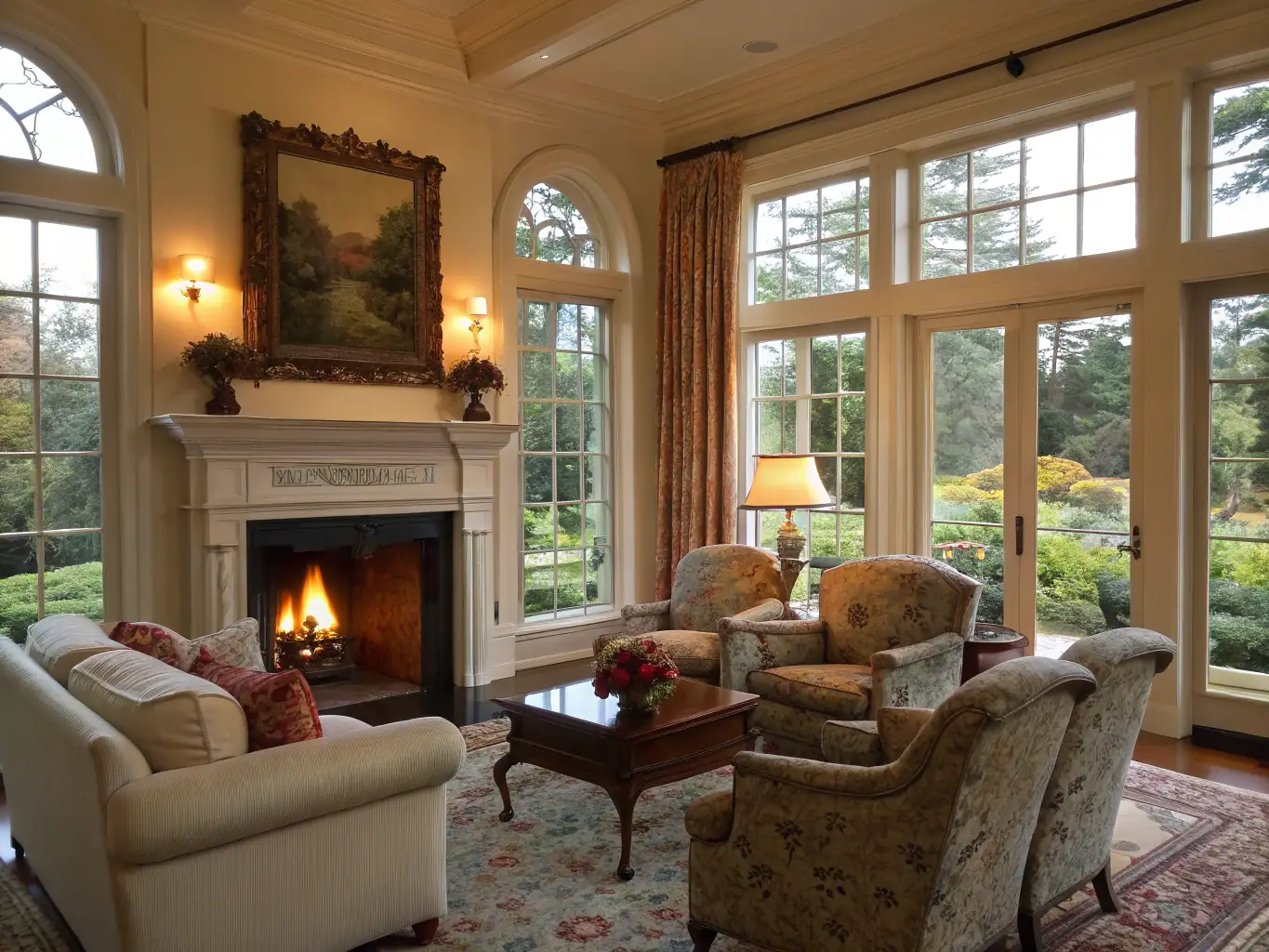 A cozy winter garden featuring a fireplace, comfortable furniture, and panoramic views of a snowy landscape, emphasizing warmth and relaxation.